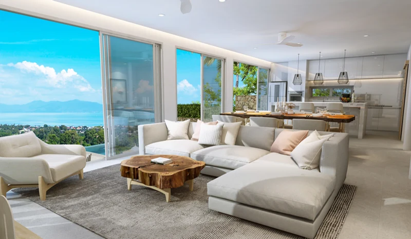 Open-plan sea-view living room